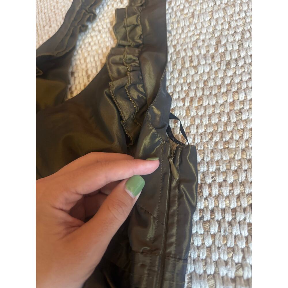 Bebe Y2K Halter Top Shiny Olive Satin Pleated Peplum Rosette Ruffle Coquette S - Picture 6 of 7